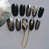 5 x Brand New Sethexy Shiny Black False Nails Reflection Magic Mirror Chic Rhinestone Gold Chain Oval Full Cover Acrylic 24pcs False Nails for Women and Girls - RRP €48.7