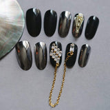 5 x Brand New Sethexy Shiny Black False Nails Reflection Magic Mirror Chic Rhinestone Gold Chain Oval Full Cover Acrylic 24pcs False Nails for Women and Girls - RRP €48.7