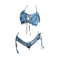 1 x RAW Customer Returns SINMIUANIME Women Denim Bikini Set Bra Panties Cosplay Lingerie Jeans Shorts for Beach Game and Bar Nightclub Performance 8025Denim, Small  - RRP €28.46