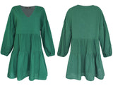 1 x RAW Customer Returns FANCYINN Summer Dress Women Short Tunic Dress V-Neck Flounce Loose Swing Mini Dresses Dark Green Long Sleeve L - RRP €32.99