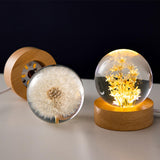 1 x RAW Customer Returns Night Light, Crystal Ball, 6cm Glass Ball Lamp with Wooden Base, LED Light Base, USB Charging Flower Sample Night Lamp with Stand Dandelion  - RRP €24.79