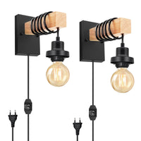 1 x RAW Customer Returns 2 Pack Wall Light for Bedroom with Plug, Indoor Wall Lamp Made of Wood and Metal, E27 Vintage Wall Sconces, Industrial Wall Lights with Black Dimmer Switch, for Living Room, Farmhouse - RRP €20.4