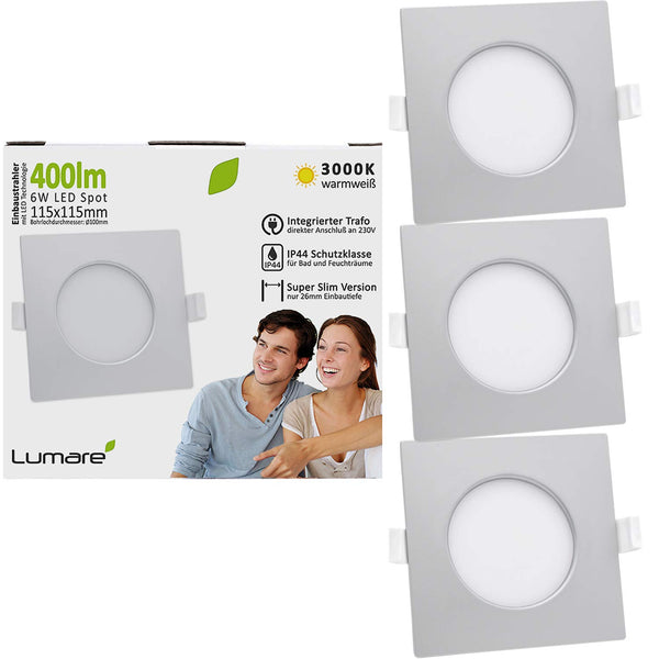 7 focos LED empotrables Lumare nuevos de 6 W y 400 lm, ultraplanos, profundidad de instalación de 26 mm, diámetro del orificio de 100 mm, foco para salón, baño, luz redonda plateada, 230 V, IP44, blanco cálido 3000 K, juego de 6 unidades - PVP 261,59 € – Jobalots Europe