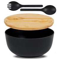 1 x RAW Customer Returns salad bowl black, salad bowl bamboo with wooden lid and cutlery, can be reused large serving bowl with fork spoon for cereal pasta salad vegetables 25 25 16 cm  - RRP €36.29