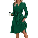 1 x RAW Customer Returns Yageshark Dresses for Women Midi Dress Long Sleeve V-Neck Plain Shirt Dress Elegant Casual Women Tunic Dress Green, S  - RRP €27.99