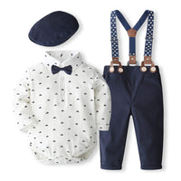 1 x RAW Customer Returns Volunboy Newborn Gentleman Outfits and Coordinates, Bow Shirt and Suspenders Trousers 4 Pieces 9-12 months, White Boat, Size 73  - RRP €33.67