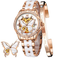 1 x RAW Customer Returns OLEVS Women Rose Gold Automatic Watch Skeleton Mechanical Self-Winding Ladies Elegant Luxury Dress Butterfly Diamond White Ceramic Bracelet Watch Gift - RRP €139.82