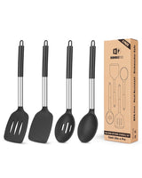 1 x RAW Customer Returns 4 Pieces Silicone Cooking Utensils Set, Non-Stick Large Solid Spatulas Heat Resistant Black Slotted Spoons Ideal BPA Free Kitchen Turners for Frying, Mixing, Serving, Draining - RRP €22.18