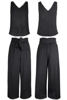 1 x RAW Customer Returns FANCYINN Women 2 Piece Crop Pants Set Wide Leg Wide Strap V Neck Tank High Waist Cropped Paper Bag Pants with Belt Black Top and Wide Leg Pants M - RRP €33.25