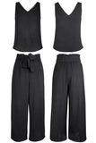 1 x RAW Customer Returns FANCYINN Women 2 Piece Crop Pants Set Wide Leg Wide Strap V Neck Tank High Waist Cropped Paper Bag Pants with Belt Black Top and Wide Leg Pants XS - RRP €35.27