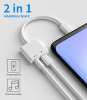 1 x RAW Customer Returns Adapter USB C to Jack Headphone Cable 2 in 1 Headphone, 3.5 mm Audio Headphone Charger USB-C Compatible for Samsung Apple iPhone 15 Pro Max Plus iPad Air Mini Huawei Xiaomi Cable Dual Socket - RRP €21.6