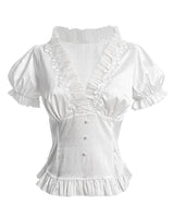 1 x RAW Customer Returns Fiamll Victorian Blouse Women Shirt Vintage Short Sleeve Lotus Ruffle Tops White 3XL - RRP €27.31