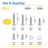 1 x RAW Customer Returns WZHUIDA 660 pieces M2 screws nuts and washers assortment kit, stainless steel hexagon screws, hexagon socket screws set, hex head button screws nuts with wrench - RRP €8.54