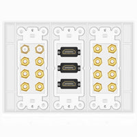 11 x Brand New TNP Home Theater Wall Plate - 3-Gang 7.2 Surround Sound Distribution with Premium Gold Plated Copper Banana Binding Plugs for 7 Speakers, 2 RCA Jacks for Subwoofer, 3 HDMI Ports for UHD 4K - RRP €432.41