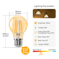 1 x RAW Customer Returns Aigostar LED E27 vintage light bulb 8W replaces 57W , 750 lumens, warm white 2200K, beam angle 330 , A60 Edison lamp filament retro amber flicker-free, CRI 80, 6 pieces - RRP €19.25