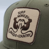 1 x Brand New DRESSED IN MUSIC PLAY WITH ME Surf Monkey Recycled Trucker Cap - Curved Brim - Adjustable Snapback Cap - Embroidered Patch - 6 Panel Design Olive, Olive, 55-61 - RRP €22.8