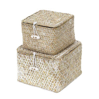 1 x Brand New Shelf Storage Boxes with Lid, Set of 2 Stackable Square Shelf Baskets, Hand-Woven Natural Seagrass, Cosmetics Keys Jewelry Organizer Box - RRP €19.99