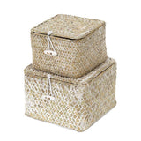 1 x Brand New Shelf Storage Boxes with Lid, Set of 2 Stackable Square Shelf Baskets, Hand-Woven Natural Seagrass, Cosmetics Keys Jewelry Organizer Box - RRP €19.99