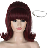 1 x RAW Customer Returns Short Wine Red Vintage Wig with Pearl Headband, ATAYOU 60s 70s Dark Red Bouffant Beehive Wig for Women 60s Retro Halloween Cosplay Costume Burgundy Red Wig - RRP €26.94