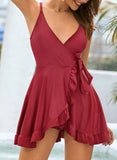 2 x Brand New SHEKINI One Piece Swimsuit Women Swimsuit Dress V-Neck Cross Side Ties up Swimming Dress Adjustable Shoulder Strap Ruched Elegant Ruffle Hem Swimsuit Women Wine Red, S  - RRP €64.52