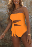 1 x RAW Customer Returns Viottiset Women s Bandeau Swimsuit Tummy Control Strapless Monokini One Piece High Cut Waist Tie Swimwear Light Orange L - RRP €34.27