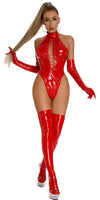 1 x RAW Customer Returns FEOYA Latex Lingerie Women Sexy Ladies Wet Look PVC Leather Lingerie Bodysuit Sexy Sleeveless Tie Straps Deep V-Neck Bodycon Bodysuits Women Nightwear Clubwear Dance Party Costume D-Red XL - RRP €29.98