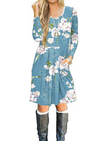 1 x Brand New AUSELILY Women s Long Sleeve Pleated Loose Swing Casual Dress with Knee-Length Pockets M, Floral Light Blue  - RRP €29.04