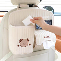 7 x Brand New VOXURY Car Seat Organizer, Back Seat Organizer with Tablet Phone Storage, Pocket Handbag Holder for Handbags Snacks Wallets Drinks, 1 Tissue Storage Bag, White Material with Bear - RRP €123.55