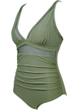 1 x RAW Customer Returns Sangdut Swimsuit Women Tummy Control Sexy V Neck Swimsuits Push Up One Piece Swimwear With Cups Mesh Monokini Swimsuits Green, L  - RRP €32.35