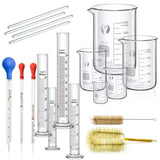 1 x RAW Customer Returns Set of Cylindrical Graduated Glass Pipettes, JESSTOLO 5 Graduated Measuring Beakers, 4 Graduated Cylinders, 3 Graduated Glass Pipettes, 4 Glass Stirring Rods and 2 Cleaning Brushes - RRP €41.99