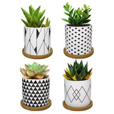 1 x RAW Customer Returns Lewondr Ceramic Succulent Pots, 4 Pieces 7 cm Cactus Plant Pots Mini Flower Pots Set with Bamboo Saucers, Decorations - Geometric Pattern Series 02, Black White - RRP €23.59