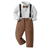 1 x RAW Customer Returns Volunboy Newborn Gentleman Outfits and Coordinates, Bow Shirt and Suspenders Trousers 4 Pieces 3-4 years, White Dots, Size 110  - RRP €31.39