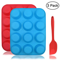 12 x Brand New Silicone muffin pan with spatula, Sourceton 3-pack muffin pan and spatula set, blue red - RRP €244.8