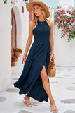 1 x RAW Customer Returns KILIG Maxi Dress Women Summer Halterneck Summer Dress Elegant Long Dress Wedding Guest Party Dress Slit Casual Dress Navy, S  - RRP €32.26