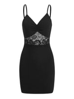 1 x RAW Customer Returns GORGLITTER Bodycon Dress with Lace Women s Lace Dress Bodycon Dress with Ruffles V Neck Dress Short Black M - RRP €26.21