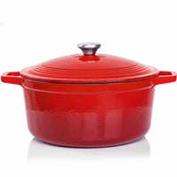 1 x RAW Customer Returns VeoHome Enameled Cast Iron Casserole Round or Oval Ultra Resistant Casserole, Induction Gas Oven Compatible Pot, Even Cooking, Authentic Flavors, Relief Lid Red, Round 6 Liters 28 cm  - RRP €63.76