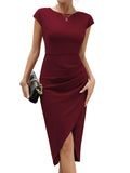 1 x RAW Customer Returns Missufe Elegant Wrap Dress Party Dress Figure-hugging Midi Dress Women s Cocktail Dress Bodycon Summer Dresses Wine Red, Medium  - RRP €46.99