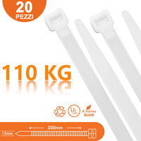 1 x Brand New Symretie 20 Pieces 300mm x 12mm Plastic Cable Ties, Tensile Strength 110kg, Large Cable Ties Nylon Cable Ties White - RRP €21.6