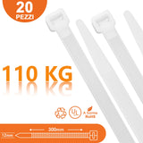 1 x Brand New Symretie 20 Pieces 300mm x 12mm Plastic Cable Ties, Tensile Strength 110kg, Large Cable Ties Nylon Cable Ties White - RRP €21.6