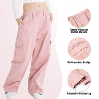 1 x RAW Customer Returns Rolanko Girls Cargo Pants, Loose Cotton Trousers with Elastic Waist and Multiple Pockets for Kids Ages 6-15, Pink, Size 140 - RRP €34.99