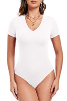 1 x RAW Customer Returns PrinStory Body For Women Short Sleeve V-Neck Bodysuits With Snap Button Sexy Fashionable Tank Tops White, S  - RRP €33.36