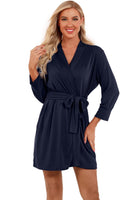 1 x RAW Customer Returns heekpek Women s Robe Women s Short Bathrobe V Neck Women s Kimono Robe Nightgown with Pockets and Belts 3 4 Sleeve Cotton Women s Pajamas for Spring Summer Autumn Navy Blue, M  - RRP €24.58