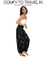 1 x RAW Customer Returns likemary Harem Jumpsuit women elegant loose, harem pants top, summer outfit backless short sleeve, casual sexy summer top Aladdin pants, beach pants harem pants - black gold S-XL - RRP €32.0