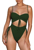 1 x RAW Customer Returns Viottiset Women s High Cut One Piece Swimsuit Strappy Cheeky Ruched Lace Up Drawstring Army Green L - RRP €35.28