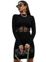 1 x RAW Customer Returns GORGLITTER figure-hugging dress short dress with mesh women s sexy mini dress ribbed knit dresses long-sleeved dress with mesh fabric black S - RRP €30.24