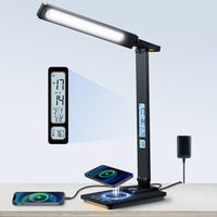 1 x RAW Customer Returns YAMYONE LED Desk Lamp with Wireless Charger and USB Charging Port, 5 Colors 5 Brightness Dimmable Eye-Caring Table Desk with Night Light, LCD Screen Clock Temperature Table Lamp - RRP €39.89