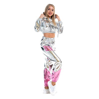 1 x RAW Customer Returns IMEKIS Women s Shiny Metallic Tracksuit Jogging Suit Sports Suit Long Sleeve Hooded Crop Top and Cargo Pants 2 Piece Trouser Suit House Suit Nightclub Performance Dancewear Silver-Pink Small - RRP €45.26