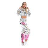 1 x RAW Customer Returns IMEKIS Women s Shiny Metallic Tracksuit Jogging Suit Sports Suit Long Sleeve Hooded Crop Top and Cargo Pants 2 Piece Trouser Suit House Suit Nightclub Performance Dancewear Silver-Pink Small - RRP €45.26