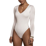 1 x RAW Customer Returns RoomTour Women s Long Sleeve Bodysuit, V-Neck Thong Tops for Women, Women s Bodycon Jumpsuit 1-White M - RRP €24.58