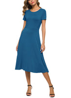 1 x RAW Customer Returns EXCHIC Women s Casual Round Neck A-Line Short Sleeve Midi Dress Summer Stretchy Knee Length Casual Dresses M, Steel Blue  - RRP €32.88